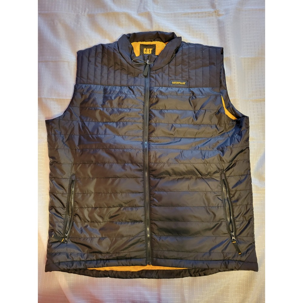 Caterpillar CAT Mens 2XL Puffer Vest Black Yellow Quilted Full Zip Workwear XLG